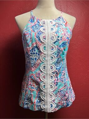 Lilly Pulitzer Annabelle Halter Top Sz 8 Cotton Shell Me About It Lace Blue Pink